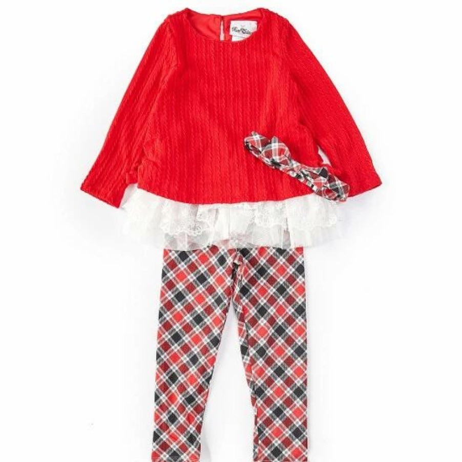 Kids * | Flash Sale Rare Editions Little Girls 2T-6X Long Sleeve Lace Ruffle Top & Plaid Printed Leggings Set Red