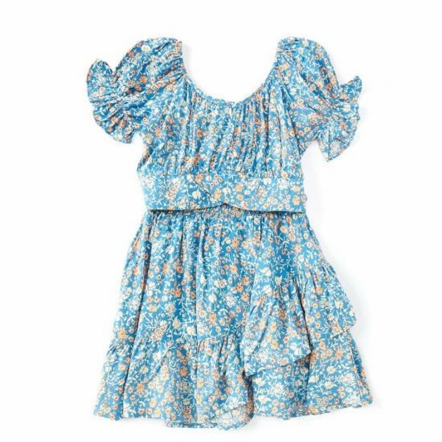 Kids * | Best Deal Rare Editions Big Girls 7-16 Puffed-Sleeve Ditsy-Floral-Printed Top & Matching Ruffle Skirt 2-Piece Set Teal