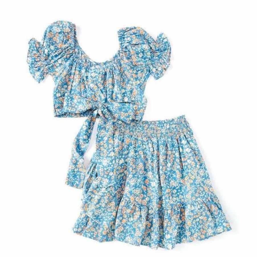 Kids * | Best Deal Rare Editions Big Girls 7-16 Puffed-Sleeve Ditsy-Floral-Printed Top & Matching Ruffle Skirt 2-Piece Set Teal