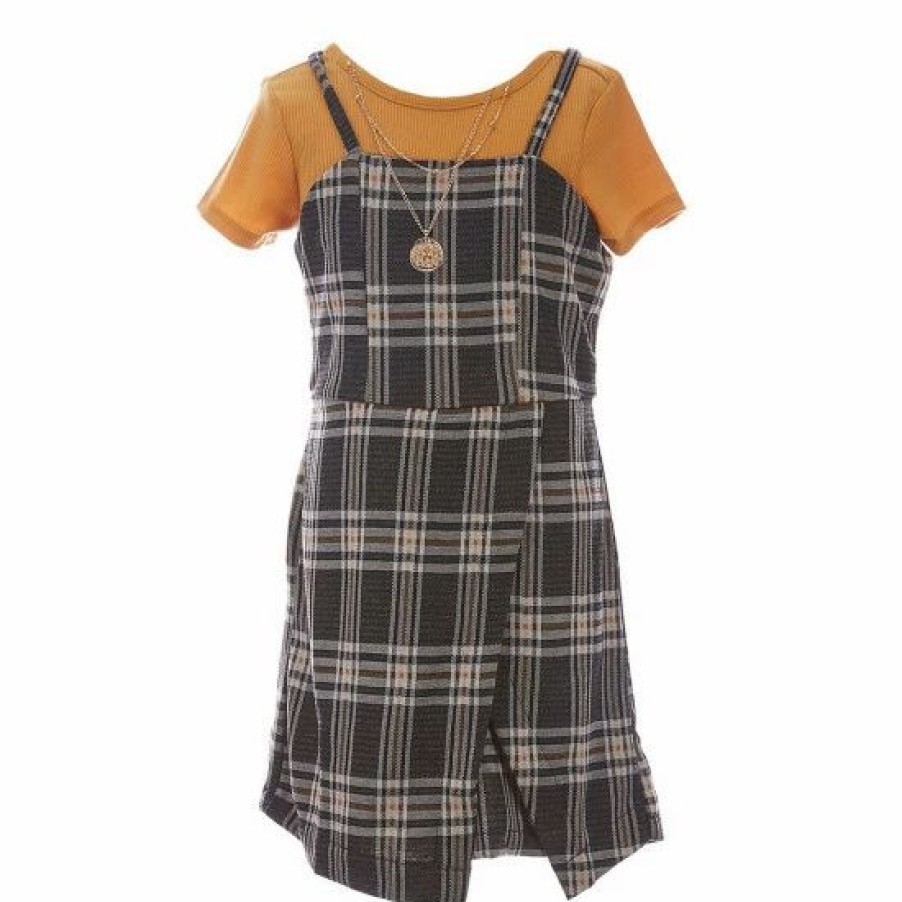 Kids * | Best Sale Rare Editions Big Girls 7-16 Sleeveless Menswear-Plaid Knit Jumper Dress, Solid Short-Sleeve Tee & Necklace 3-Piece Set Mustard