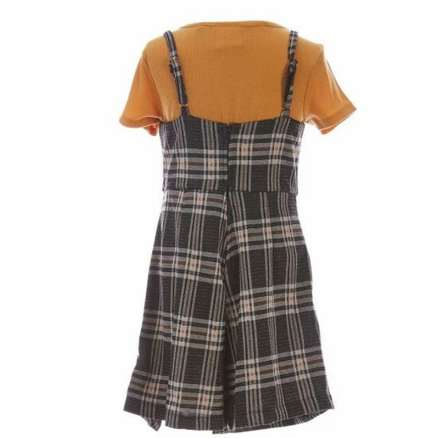 Kids * | Best Sale Rare Editions Big Girls 7-16 Sleeveless Menswear-Plaid Knit Jumper Dress, Solid Short-Sleeve Tee & Necklace 3-Piece Set Mustard