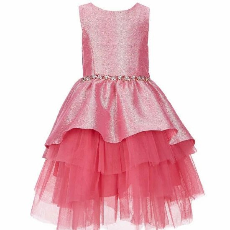 Kids * | Best Pirce Rare Editions Little Girls 2T-6X Sleeveless Lurex Jacquard Jeweled Waist Layered Mesh Peplum Dress Fuchsia