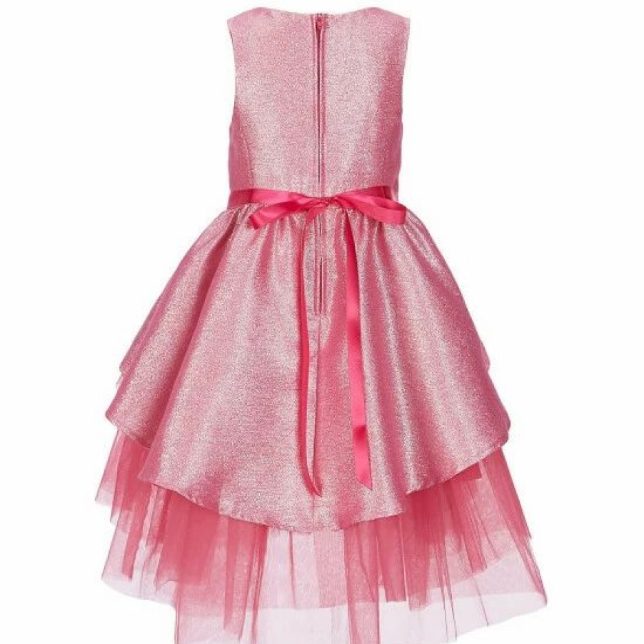 Kids * | Best Pirce Rare Editions Little Girls 2T-6X Sleeveless Lurex Jacquard Jeweled Waist Layered Mesh Peplum Dress Fuchsia