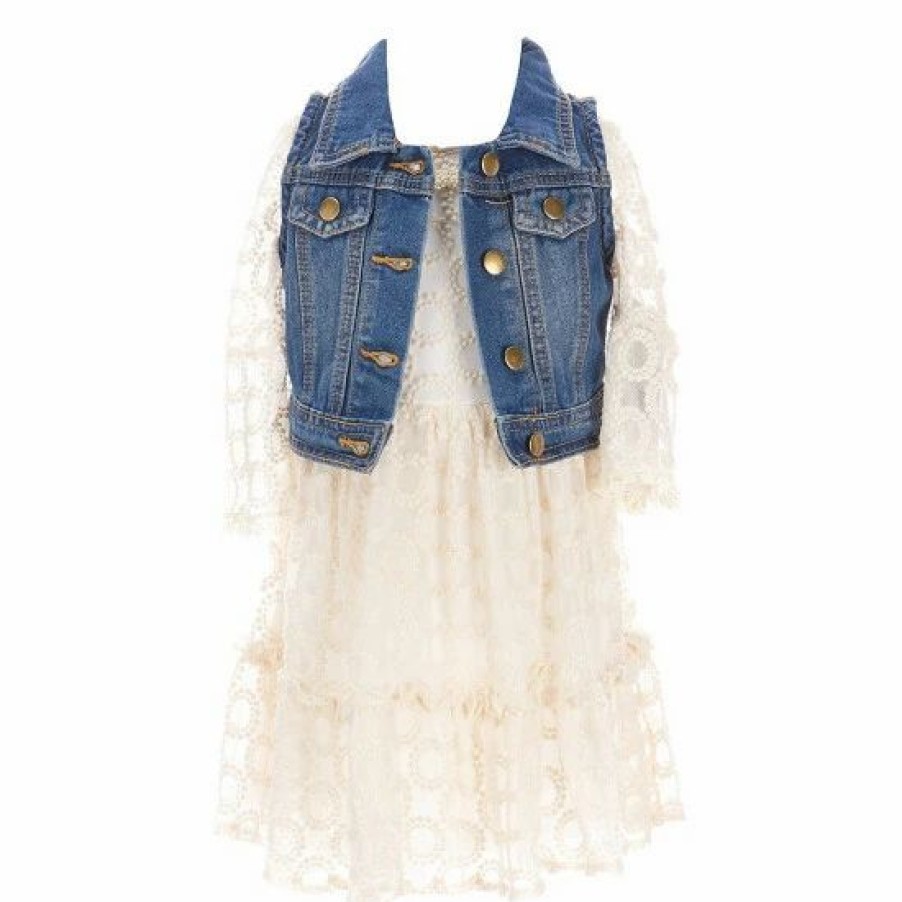 Kids * | Promo Rare Editions Little Girls 2T-6X Sleeveless Denim Vest & Bell-Sleeve Embroidered Mesh Dress 2-Piece Set Ivory