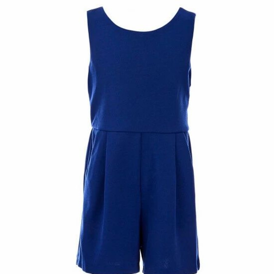 Kids * | Cheapest Rare Editions Big Girls 7-16 Sleeveless Bow Back Pleat Front Scuba Crepe Romper Navy