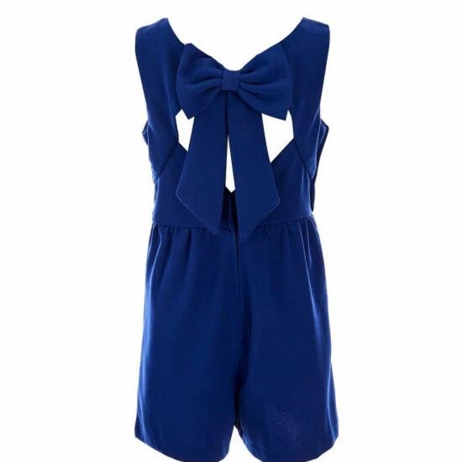 Kids * | Cheapest Rare Editions Big Girls 7-16 Sleeveless Bow Back Pleat Front Scuba Crepe Romper Navy