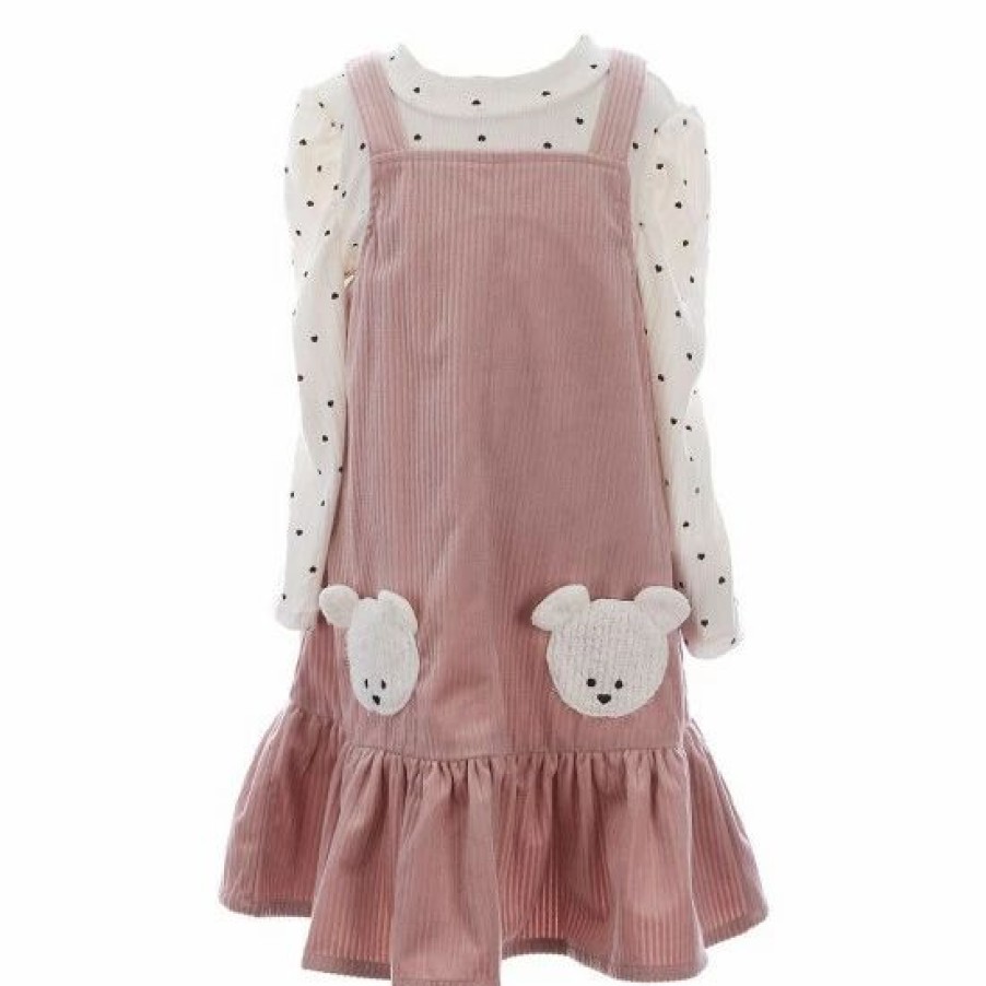 Kids * | New Rare Editions Little Girls 2T-6X Sleeveless Solid Bear-Face-Pocketed Corduroy Jumper Dress & Printed Mockneck Tee 2-Piece Set Blush