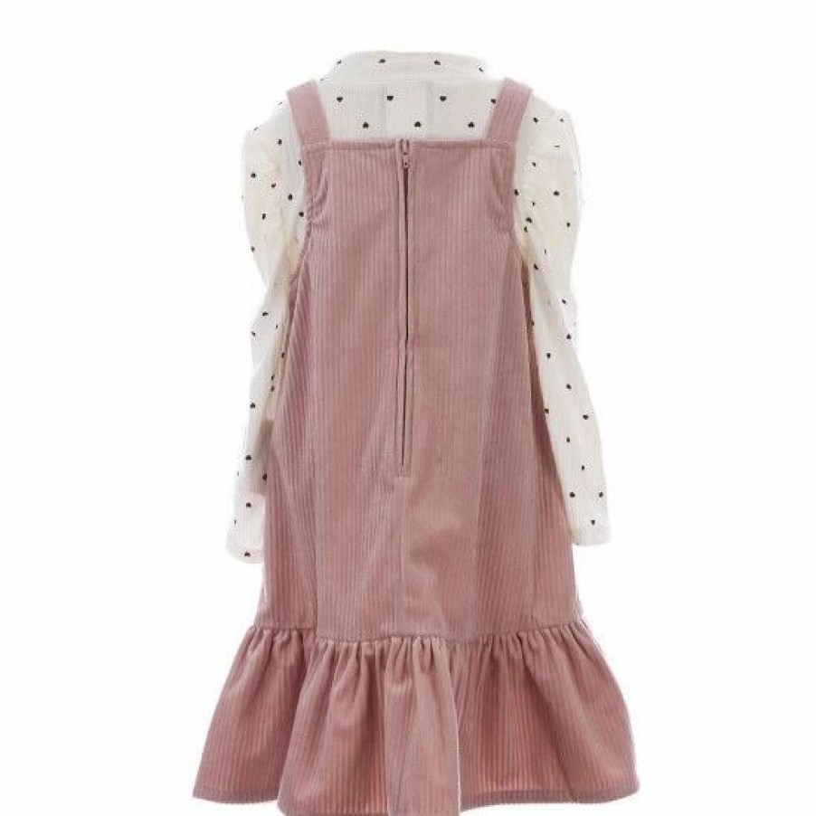 Kids * | New Rare Editions Little Girls 2T-6X Sleeveless Solid Bear-Face-Pocketed Corduroy Jumper Dress & Printed Mockneck Tee 2-Piece Set Blush