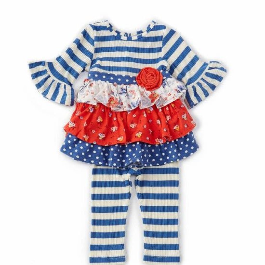 Kids * | Flash Sale Rare Editions Baby Girls 3-24 Months Ruffle-Sleeve Mixed-Media Tiered Tunic & Striped Leggings 2-Piece Set Rust