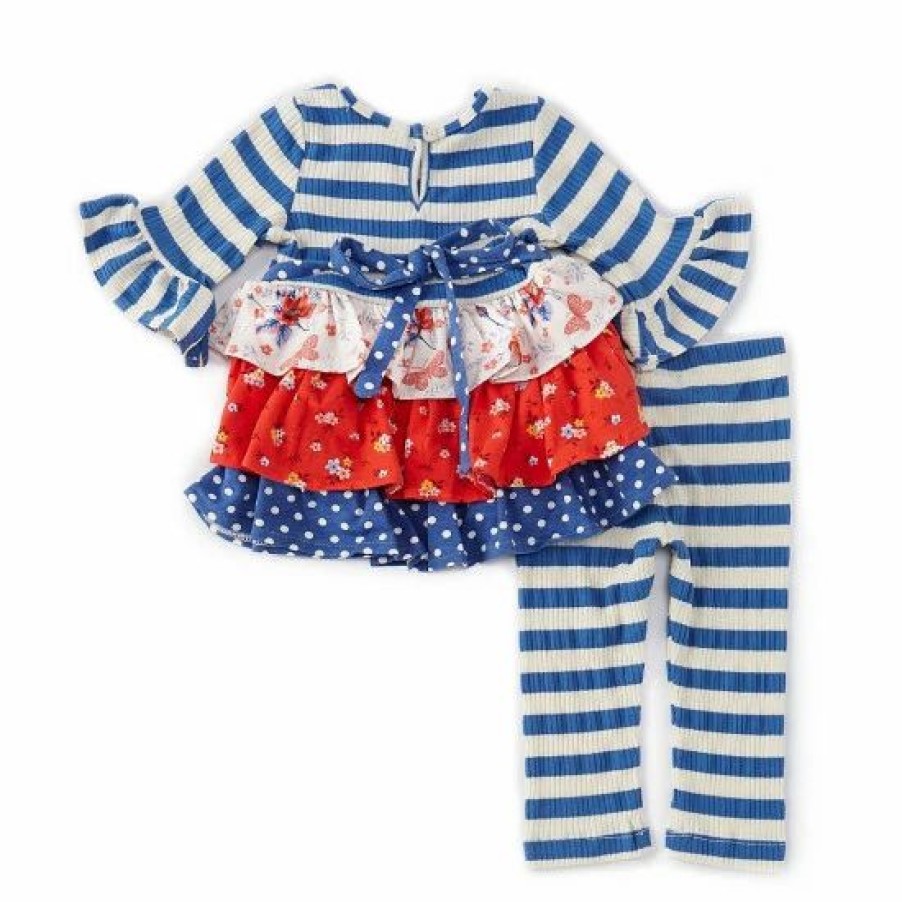 Kids * | Flash Sale Rare Editions Baby Girls 3-24 Months Ruffle-Sleeve Mixed-Media Tiered Tunic & Striped Leggings 2-Piece Set Rust