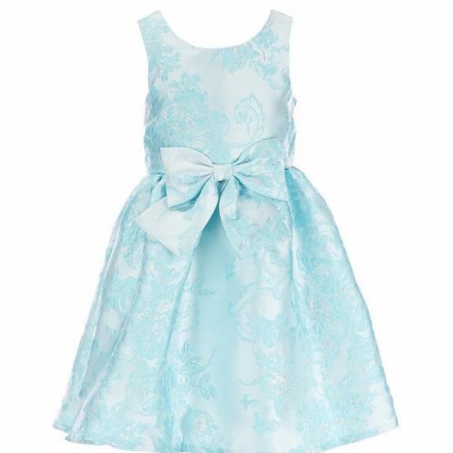 Kids * | Cheap Rare Editions Little Girls 2T-6X Lurex Brocade Bow-Waist High-Low Dress Aqua