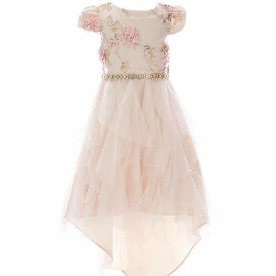 Kids * | Best Pirce Rare Editions Little Girls 2T-6X Floral-Soutache-Embroidered Bodice Mesh High-Low-Hem Skirted Ballgown Taupe