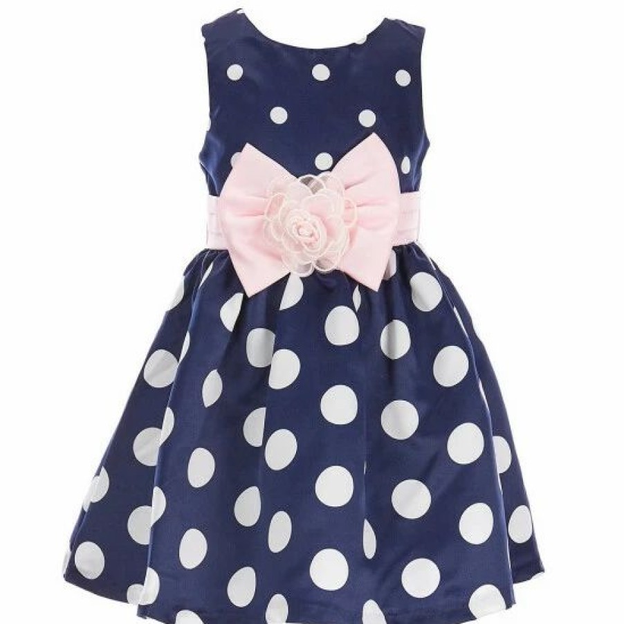 Kids * | Best Deal Rare Editions Little Girls 2T-6X Sleeveless Polka-Dot Printed Shantung Pleated Bow Waistband Fit-And-Flare Dress Navy