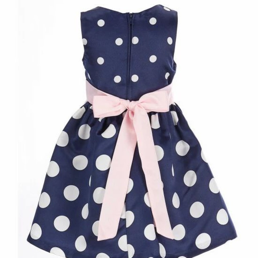 Kids * | Best Deal Rare Editions Little Girls 2T-6X Sleeveless Polka-Dot Printed Shantung Pleated Bow Waistband Fit-And-Flare Dress Navy