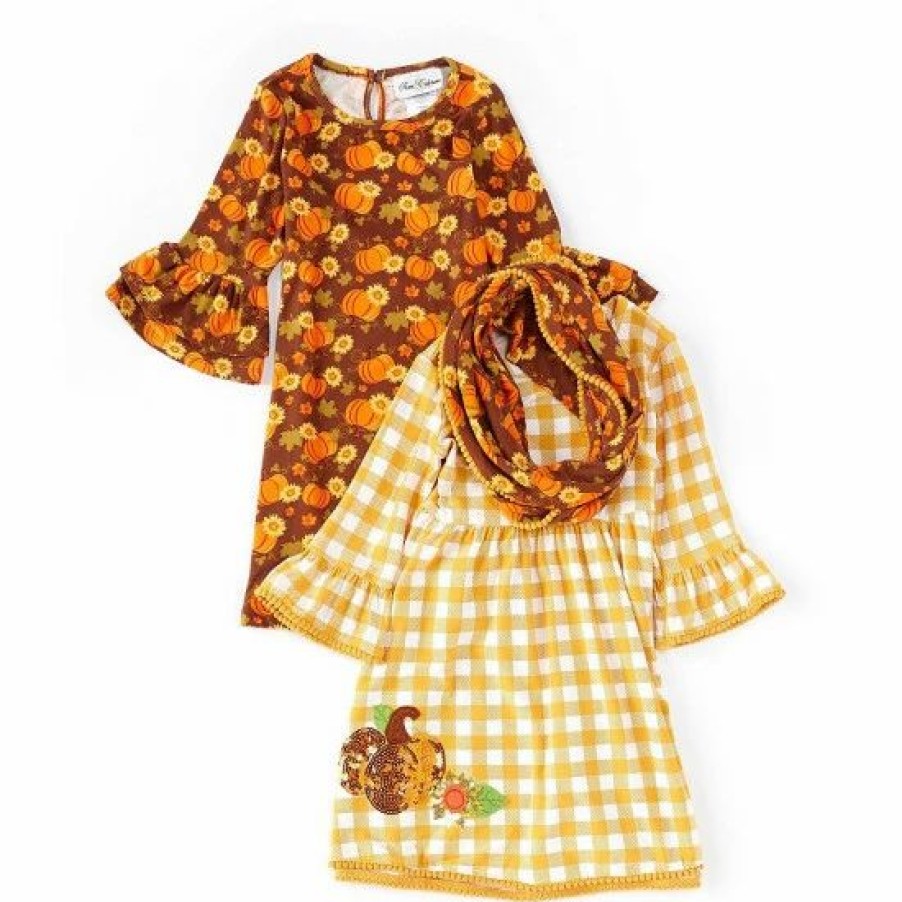 Kids * | Cheapest Rare Editions Little Girls 2T-6X Pumpkin-Printed Shift Dress, Checked A-Line Dress & Coordinating Scarf Set Brown