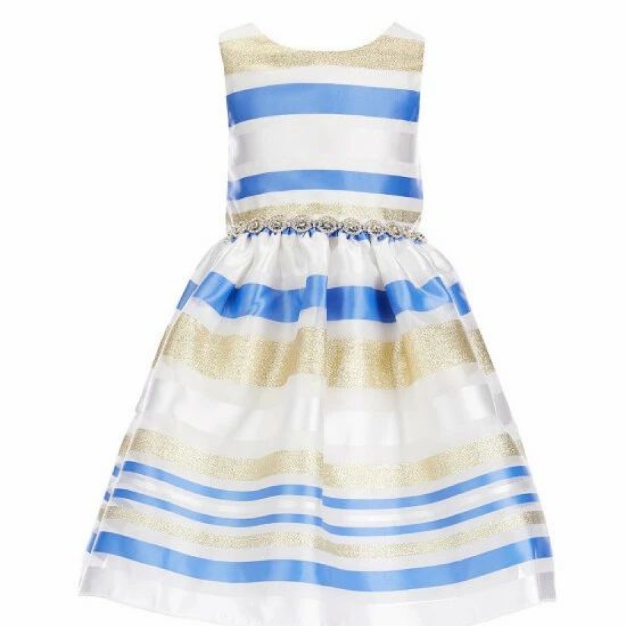 Kids * | Cheapest Rare Editions Little Girls 2T-6X Sleeveless Striped Metallic Burnout Organza Embellished Waist Pleated Dress Periwinkle