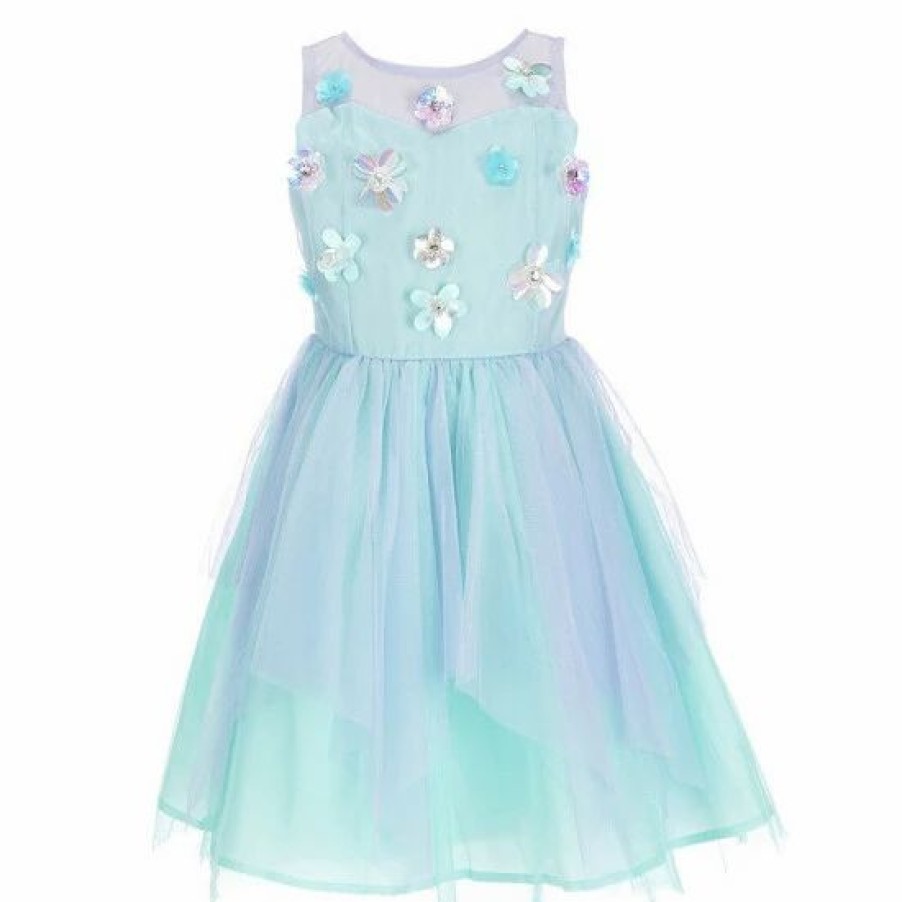 Kids * | Best Reviews Of Rare Editions Big Girls 7-16 Sleeveless Illusion Dimensional-Iridescent-Flower-Detail Ombre Mesh Uneven Hem Fairy Dress Iridescent Mint