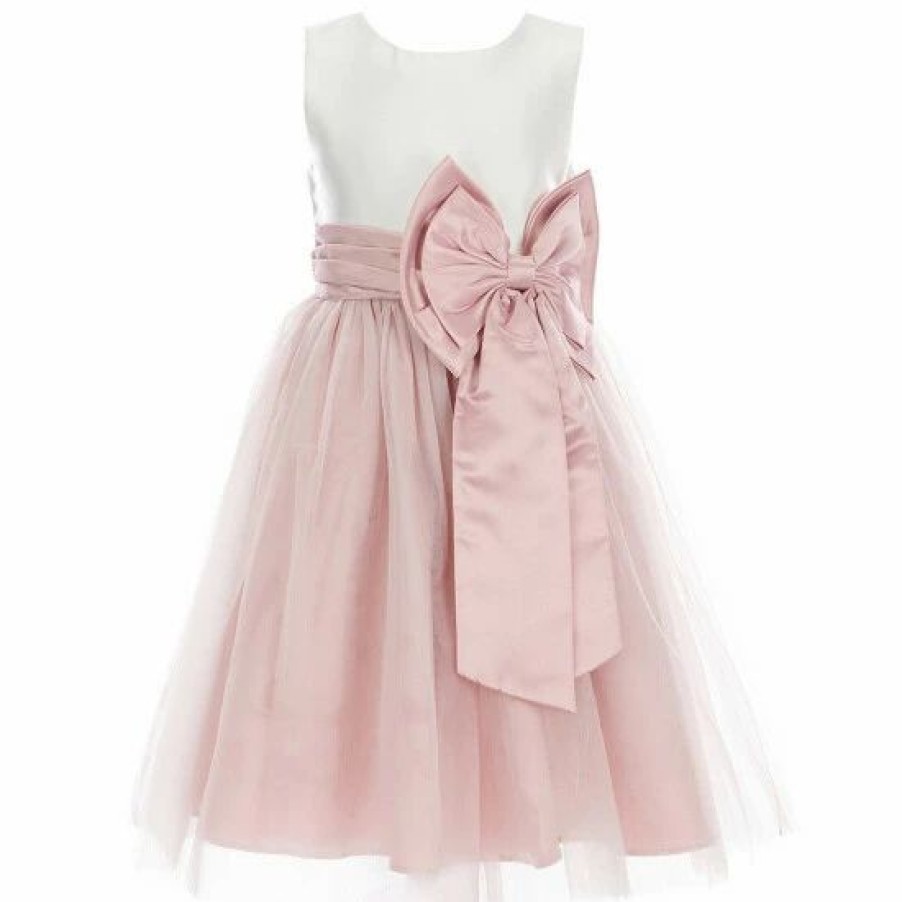 Kids * | Cheapest Rare Editions Little Girls 2T-6X Sleeveless Color-Block Satin Bow Waist Mesh Fit-And-Flare Dress Ivory/Pink