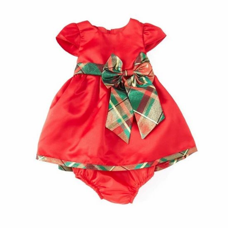 Kids * | Outlet Rare Editions Baby Girls 3-24 Months Cap-Sleeve Metallic-Plaid Trimmed Fit-And-Flare Dress Red