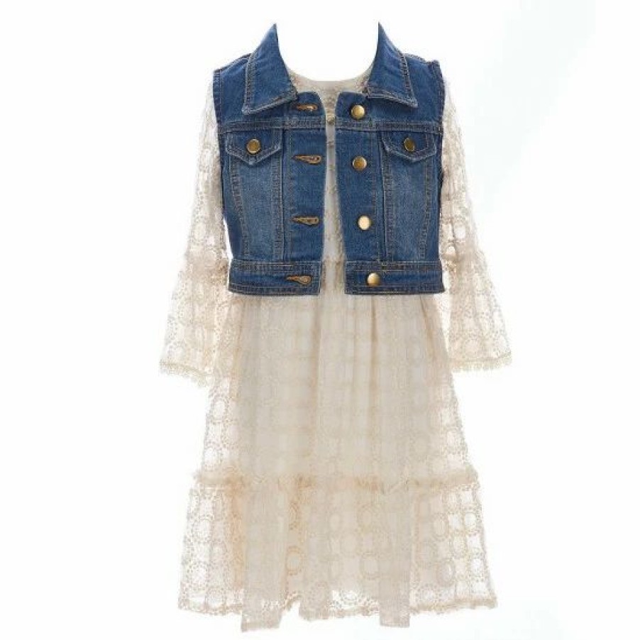 Kids * | Outlet Rare Editions Big Girls 7-16 Sleeveless Denim Vest & Bell-Sleeve Embroidered Mesh Dress 2-Piece Ivory