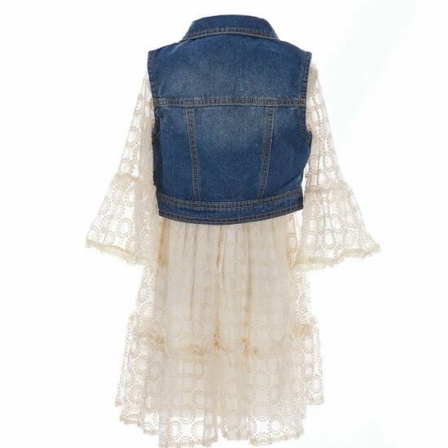 Kids * | Outlet Rare Editions Big Girls 7-16 Sleeveless Denim Vest & Bell-Sleeve Embroidered Mesh Dress 2-Piece Ivory