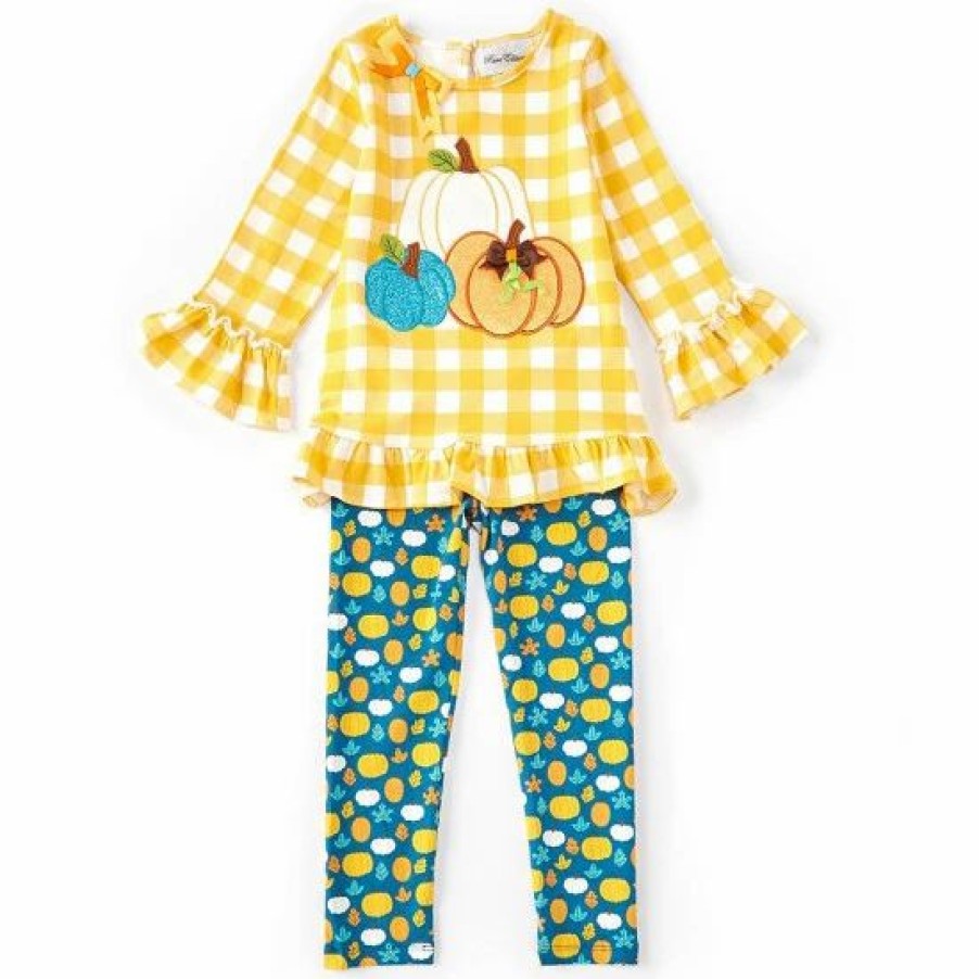 Kids * | Flash Sale Rare Editions Little Girls 2T-6X Long-Sleeve Checked Pumpkin-Appliqued Tunic Top & Pumpkin-Printed Leggings Two Piece Set Mustard