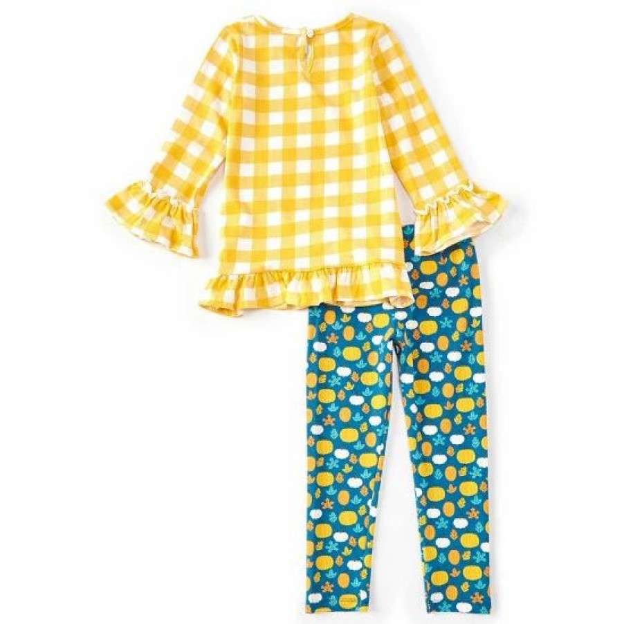 Kids * | Flash Sale Rare Editions Little Girls 2T-6X Long-Sleeve Checked Pumpkin-Appliqued Tunic Top & Pumpkin-Printed Leggings Two Piece Set Mustard