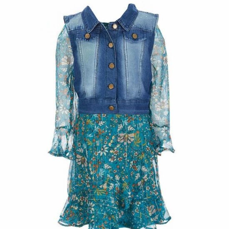 Kids * | Budget Rare Editions Big Girls 7-16 Long-Sleeve Printed Chiffon Dress With Denim Vest Set Teal