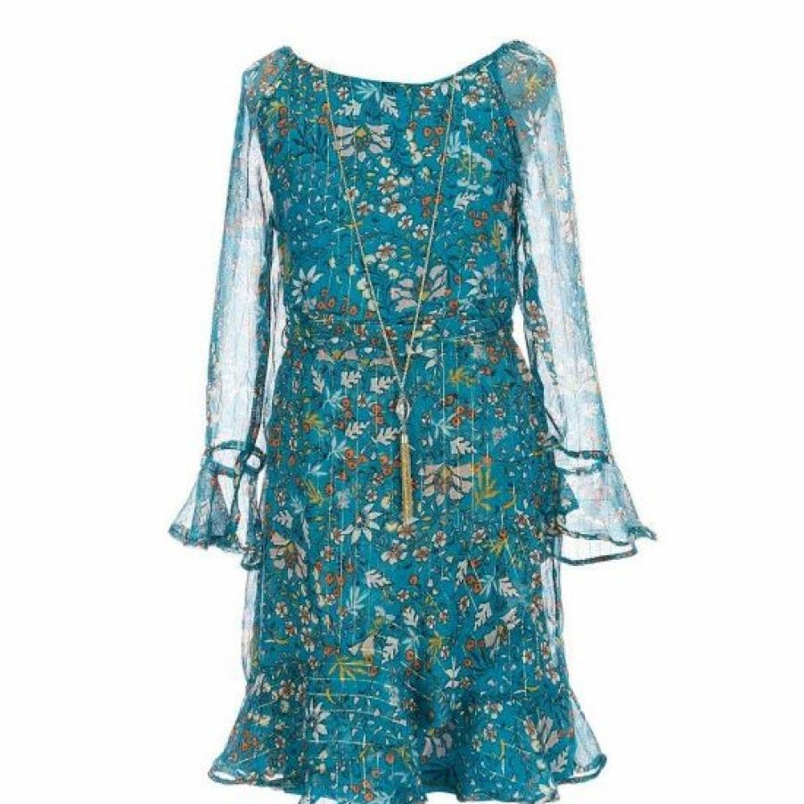 Kids * | Budget Rare Editions Big Girls 7-16 Long-Sleeve Printed Chiffon Dress With Denim Vest Set Teal