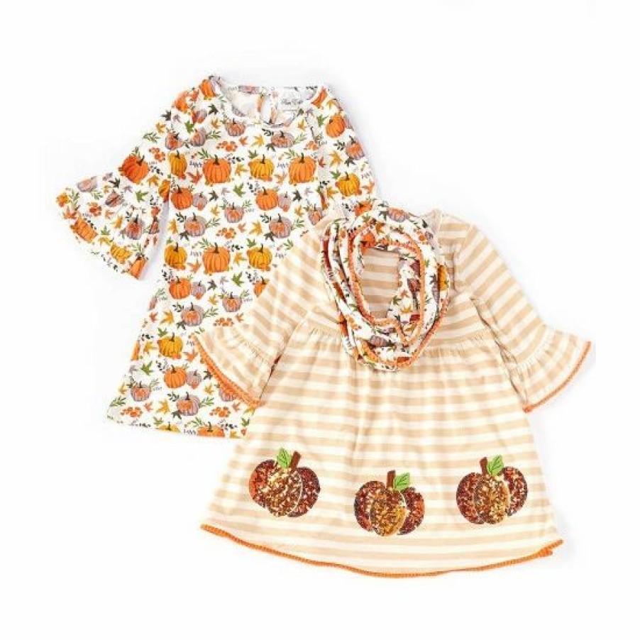 Kids * | Promo Rare Editions Big Girls 7-16 Long-Sleeve Pumpkin-Print Shift Dress & Striped Pumpkin-Appliqued Fit-And-Flare Dress Set Ivory