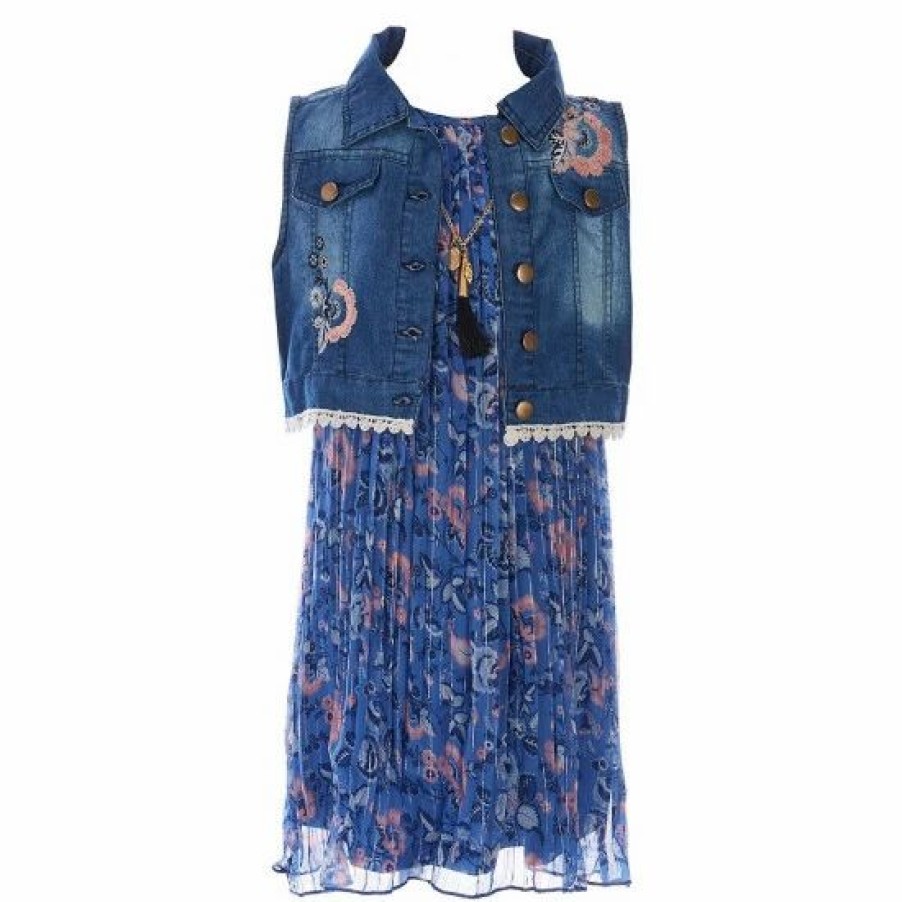 Kids * | Best Reviews Of Rare Editions Big Girls 7-16 Scallop Lace Printed Denim Vest & Sleeveless Metallic-Floral Pleated Chiffon Dress 2-Piece Set Blue