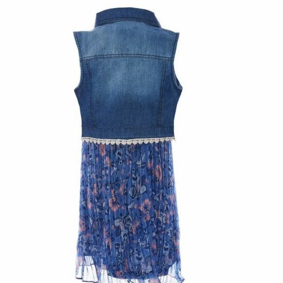 Kids * | Best Reviews Of Rare Editions Big Girls 7-16 Scallop Lace Printed Denim Vest & Sleeveless Metallic-Floral Pleated Chiffon Dress 2-Piece Set Blue