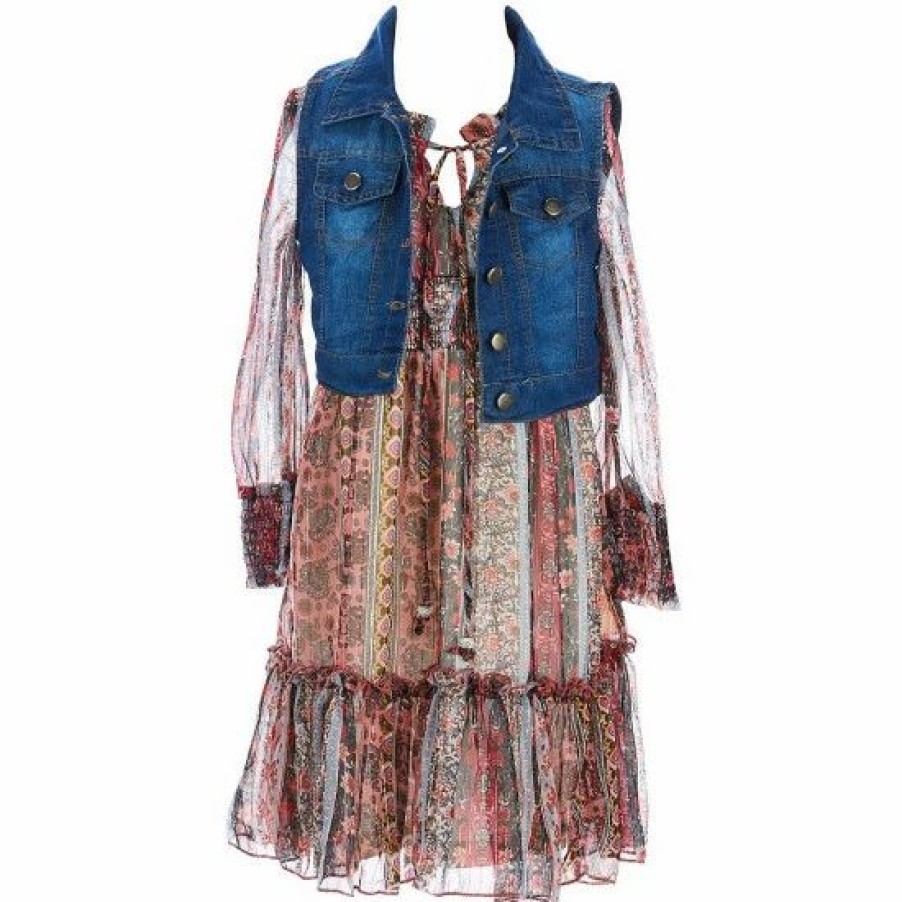 Kids * | Budget Rare Editions Big Girls 7-16 Sleeveless Denim Vest & Mixed-Media Long-Sleeve Fit-And-Flare Dress Two Piece Set Magenta