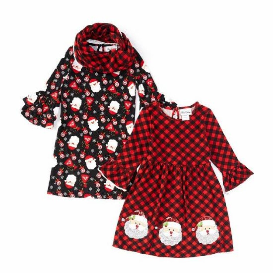 Kids * | Deals Rare Editions Big Girls 7-16 Christmas Buffalo-Checked Santa-Face Shift Dress, Mixed-Media Santa-Face Shift Dress, & Scarf Set Black