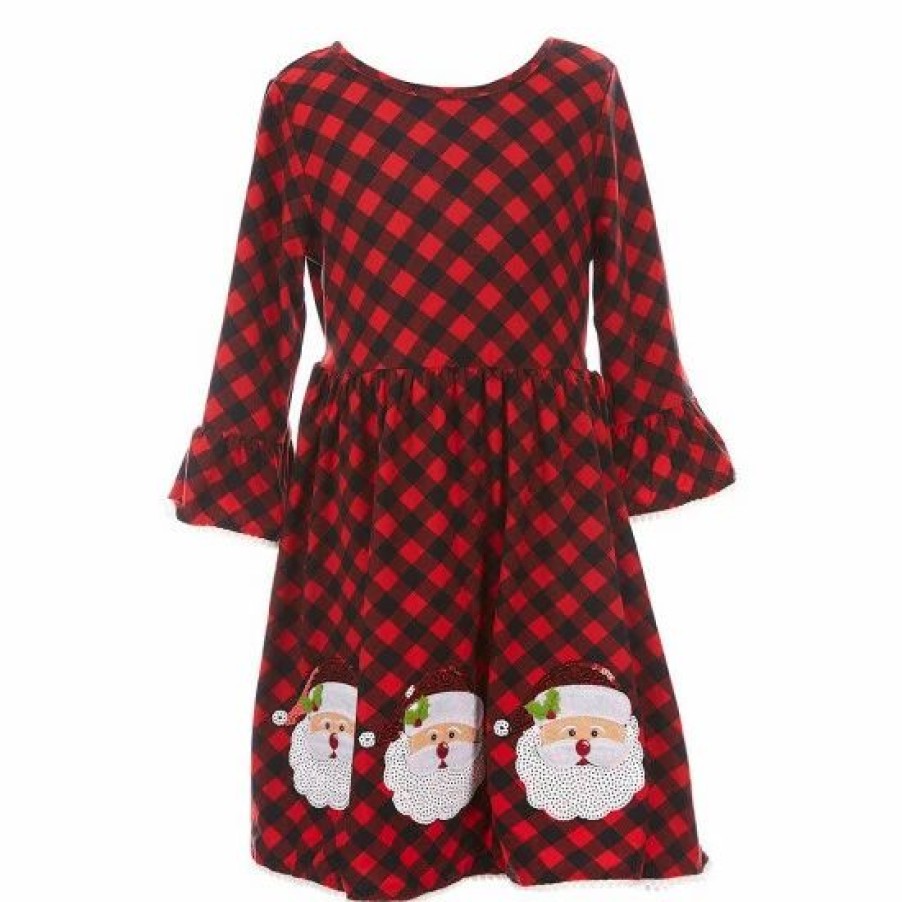 Kids * | Deals Rare Editions Big Girls 7-16 Christmas Buffalo-Checked Santa-Face Shift Dress, Mixed-Media Santa-Face Shift Dress, & Scarf Set Black