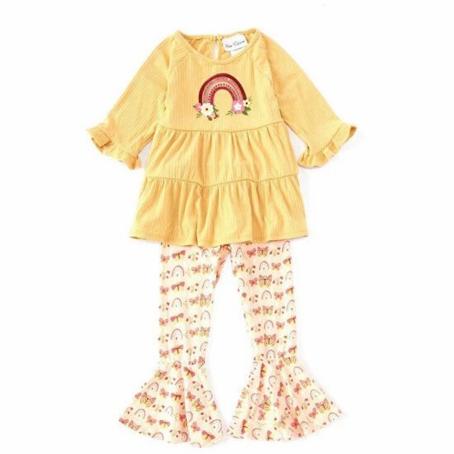 Kids * | Deals Rare Editions Little Girls 2T-6X 3/4-Sleeve Rainbow-Appliqued Tunic Top & Printed Flare-Leg Leggings 2-Piece Set Mustard