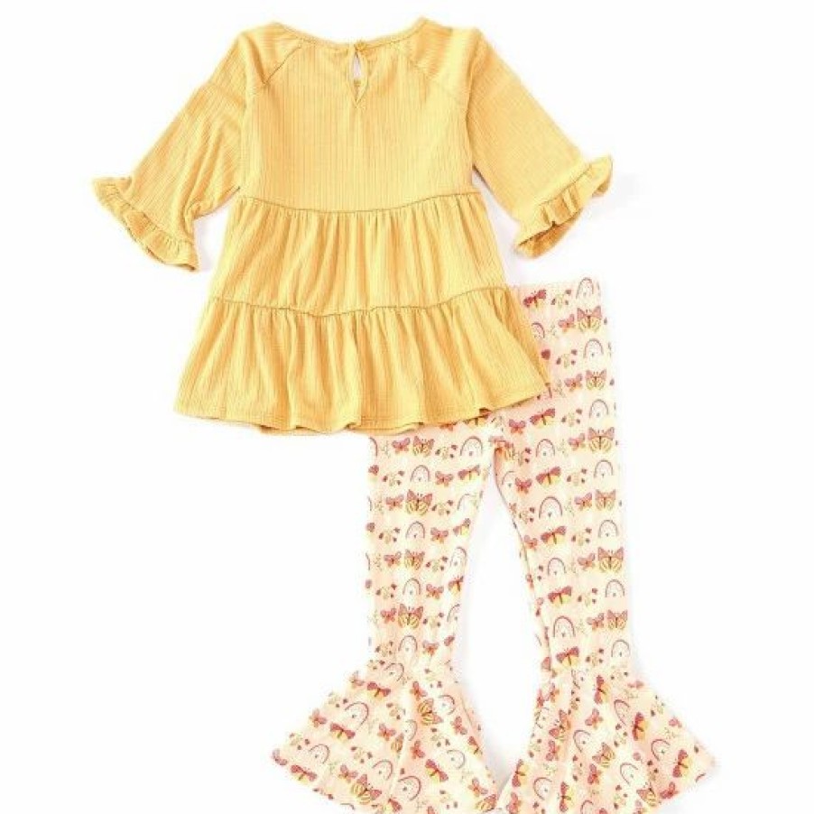 Kids * | Deals Rare Editions Little Girls 2T-6X 3/4-Sleeve Rainbow-Appliqued Tunic Top & Printed Flare-Leg Leggings 2-Piece Set Mustard