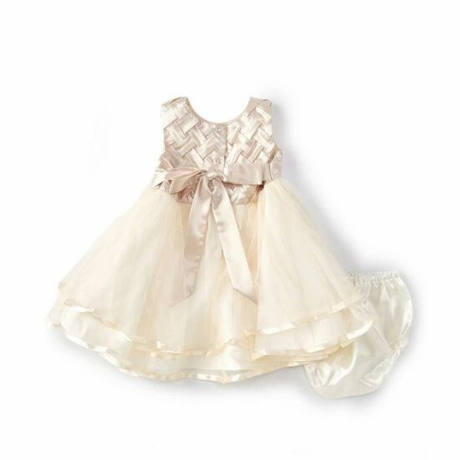 Kids * | Best Sale Rare Editions Baby Girls 3-24 Months Basketweave-Bodice/Tiered-Mesh-Skirted Fit-And-Flare Dress Taupe