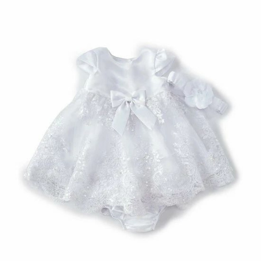 Kids * | Deals Rare Editions Baby Girls 3-24 Months Solid Satin/Embellished Embroidered Skirted Dress, Panty & Flower Headband Set White