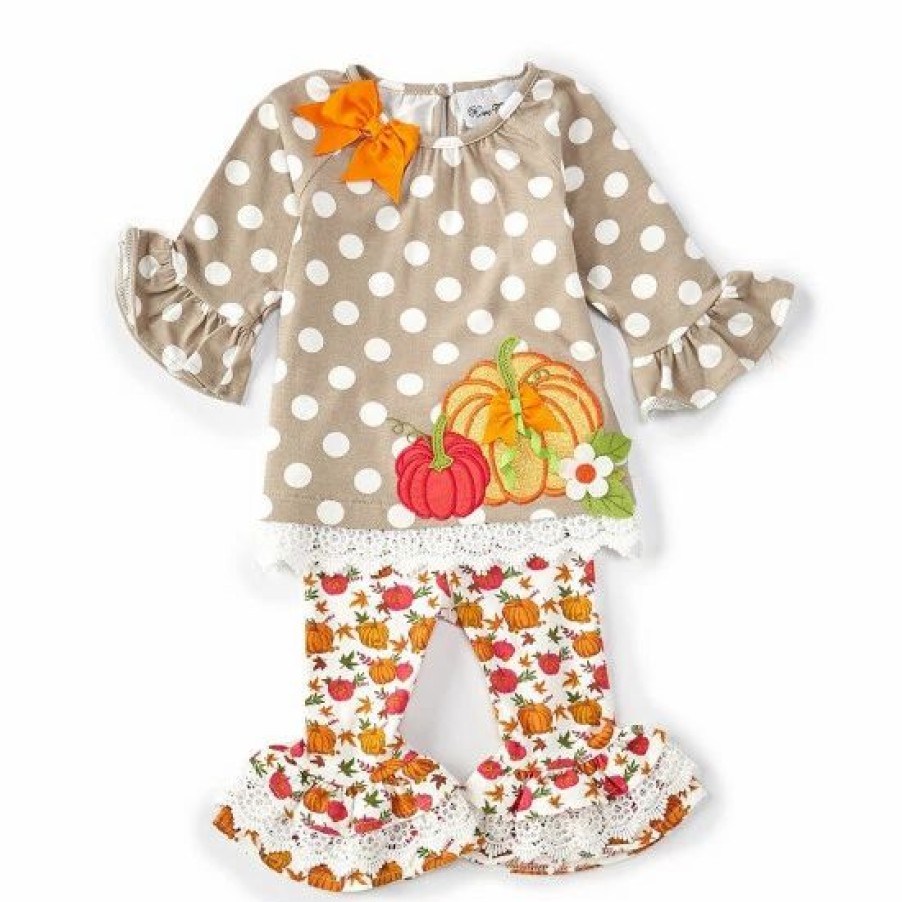 Kids * | Hot Sale Rare Editions Baby Girls 3-24 Months Raglan-Sleeve Large-Dot Tunic Thanksgiving Pumpkin Tunic Top & Printed Leggings Set Gray