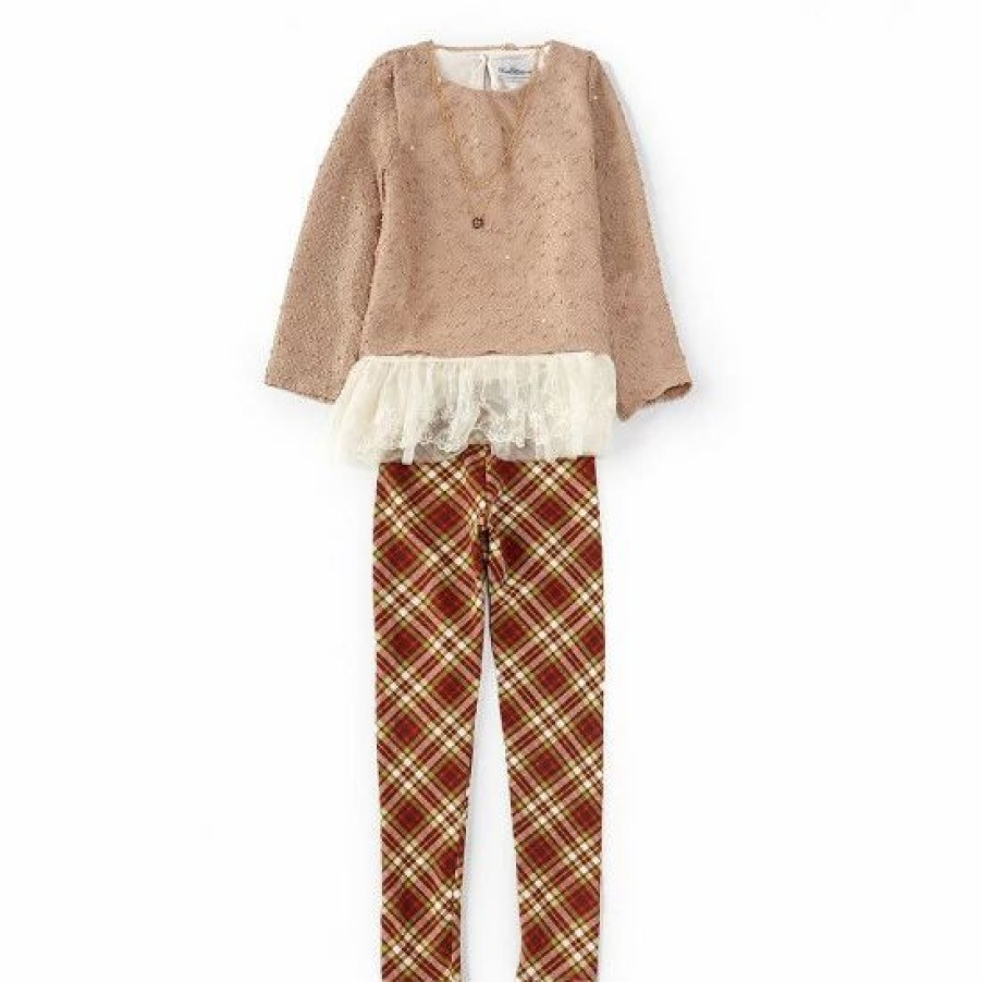 Kids * | Best Reviews Of Rare Editions Big Girls 7-12 Long-Sleeve Textured-Knit Tunic Top & Plaid-Printed Knit Leggings 2-Piece Set Taupe