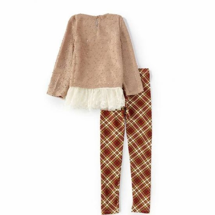 Kids * | Best Reviews Of Rare Editions Big Girls 7-12 Long-Sleeve Textured-Knit Tunic Top & Plaid-Printed Knit Leggings 2-Piece Set Taupe