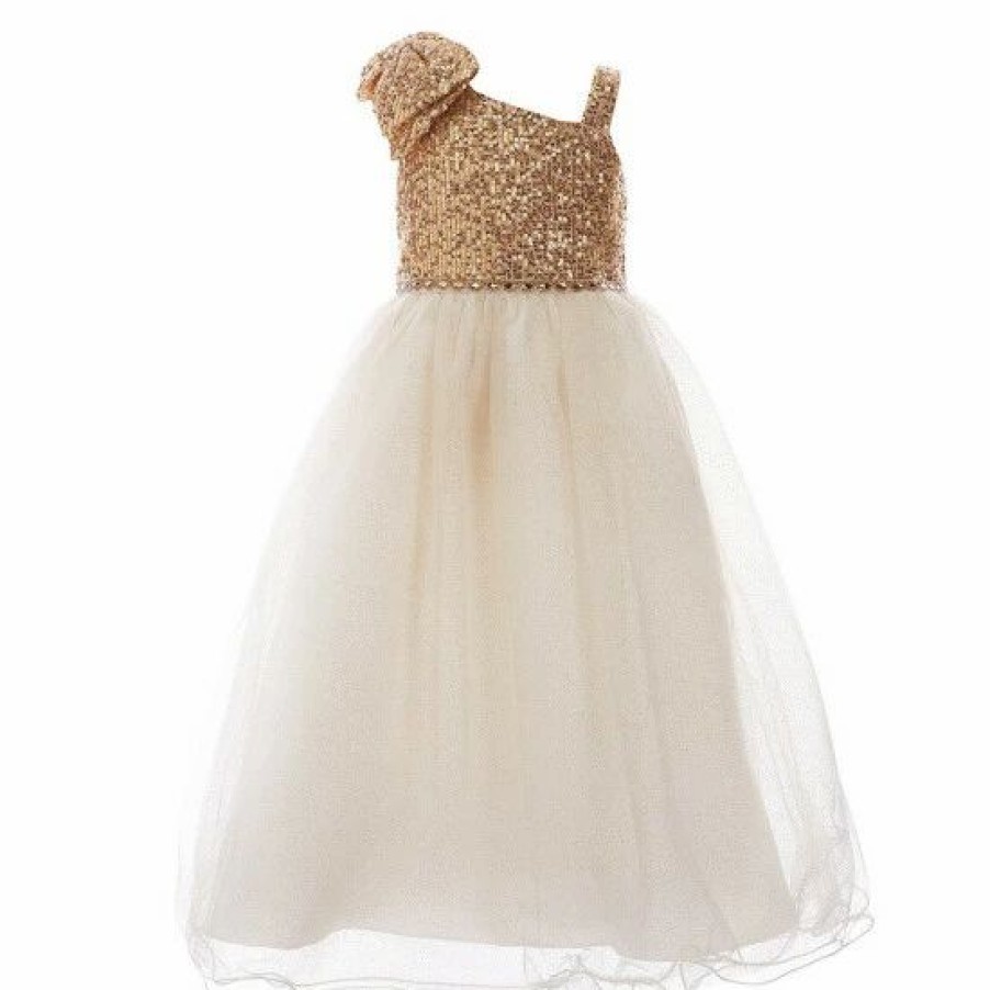 Kids * | Coupon Rare Editions Little Girls 4-6X Sequin Bow One Shoulder Glitter Mesh Dress Champagne