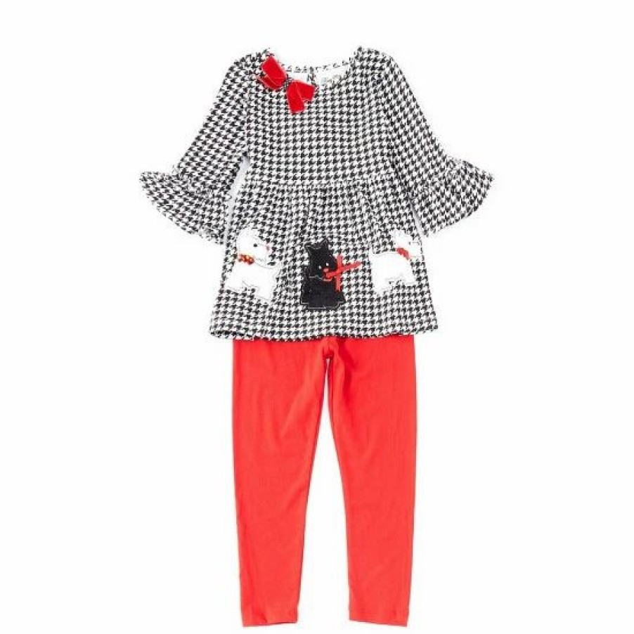 Kids * | Discount Rare Editions Little Girls 2T-6X Three Scotty Dog Applique Houndstooth Printed Knit Top & Solid Knit Leggings Set Black