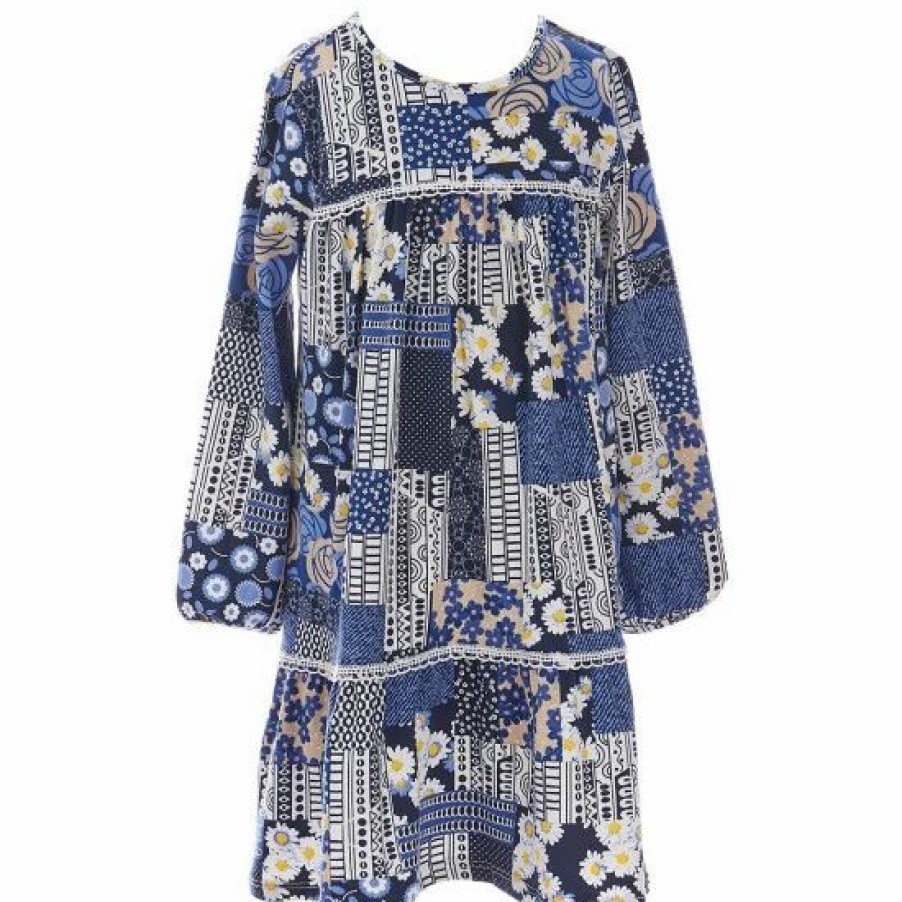 Kids * | Top 10 Rare Editions Little Girls 2T-6X Blouson Long-Sleeve Mixed-Media Patchwork/Daisy Print Shift Dress Chambray Patchwork