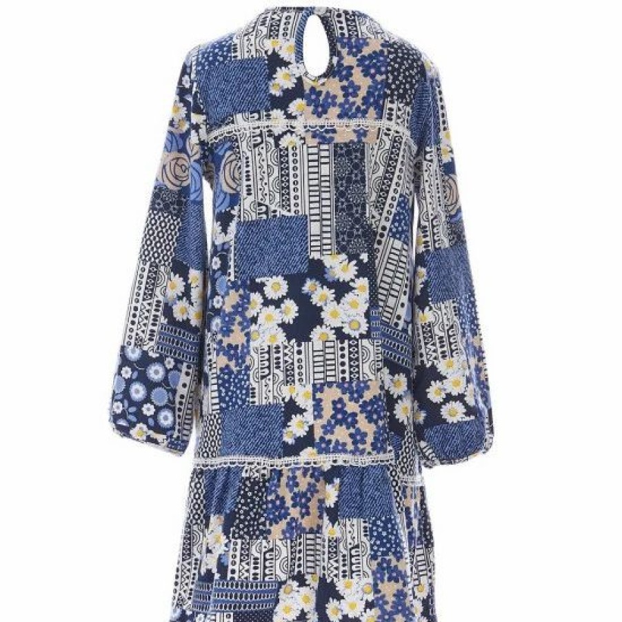 Kids * | Top 10 Rare Editions Little Girls 2T-6X Blouson Long-Sleeve Mixed-Media Patchwork/Daisy Print Shift Dress Chambray Patchwork