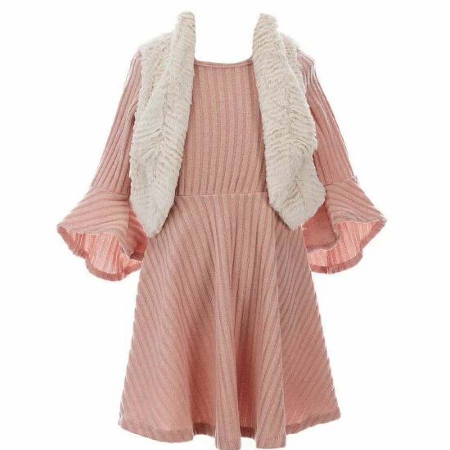 Kids * | Outlet Rare Editions Little Girls 2T-6X Sleeveless Faux-Fur Vest & Bell Sleeve Brushed-Rib-Knit Fit-And-Flare Dress 2-Piece Set Blush