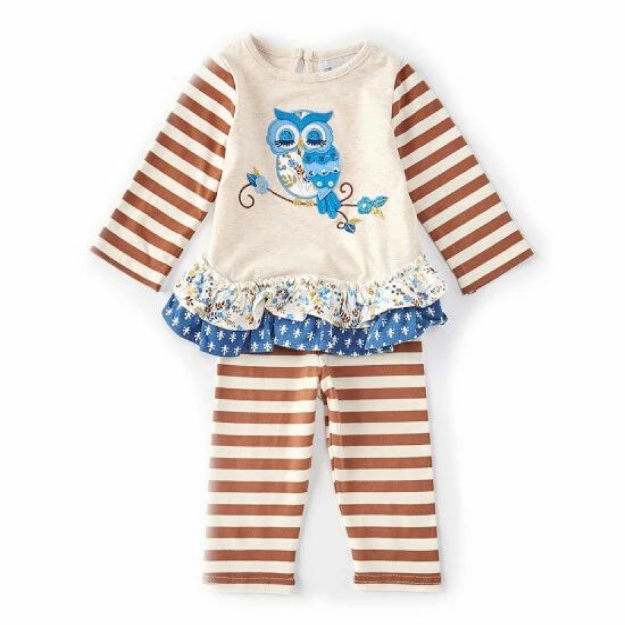 Kids * | Cheap Rare Editions Baby Girls 3-24 Months Long-Sleeve Mixed-Media Tunic Top & Striped Leggings 2-Piece Set Oatmeal