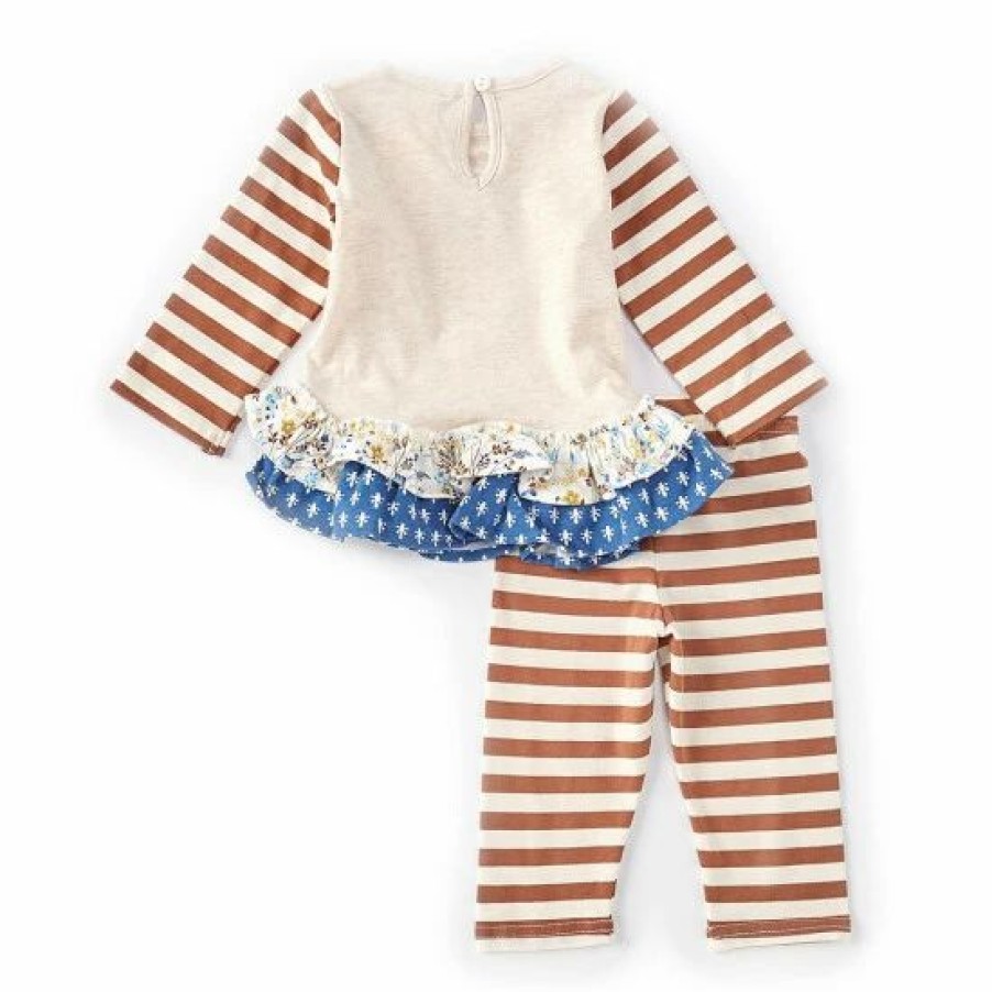 Kids * | Cheap Rare Editions Baby Girls 3-24 Months Long-Sleeve Mixed-Media Tunic Top & Striped Leggings 2-Piece Set Oatmeal