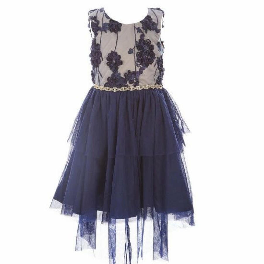 Kids * | Cheapest Rare Editions Little Girls 2T-6X Soutache-Embroidered-Bodice Mesh-Skirted Fit-And-Flare Dress Navy